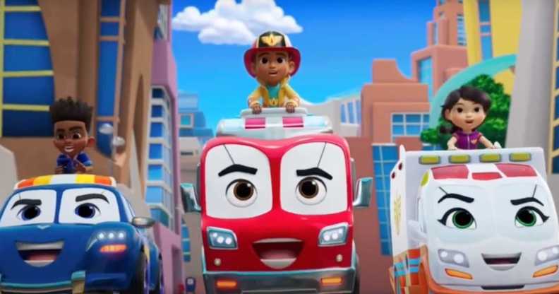 A still from Disney Junior's "Firebuds" shows a police car, a fire struck and an ambulance with their child drivers clearly seen out in front of the vehicles