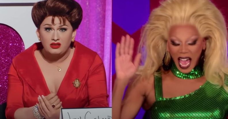 A screenshot from Drag Race shows drag queen Jinkx Monsoon's dressed as Judy Garland for her impression of the star on All Stars 7's snatch game, alongside a screenshot of RuPaul wearing a green dress laughing.