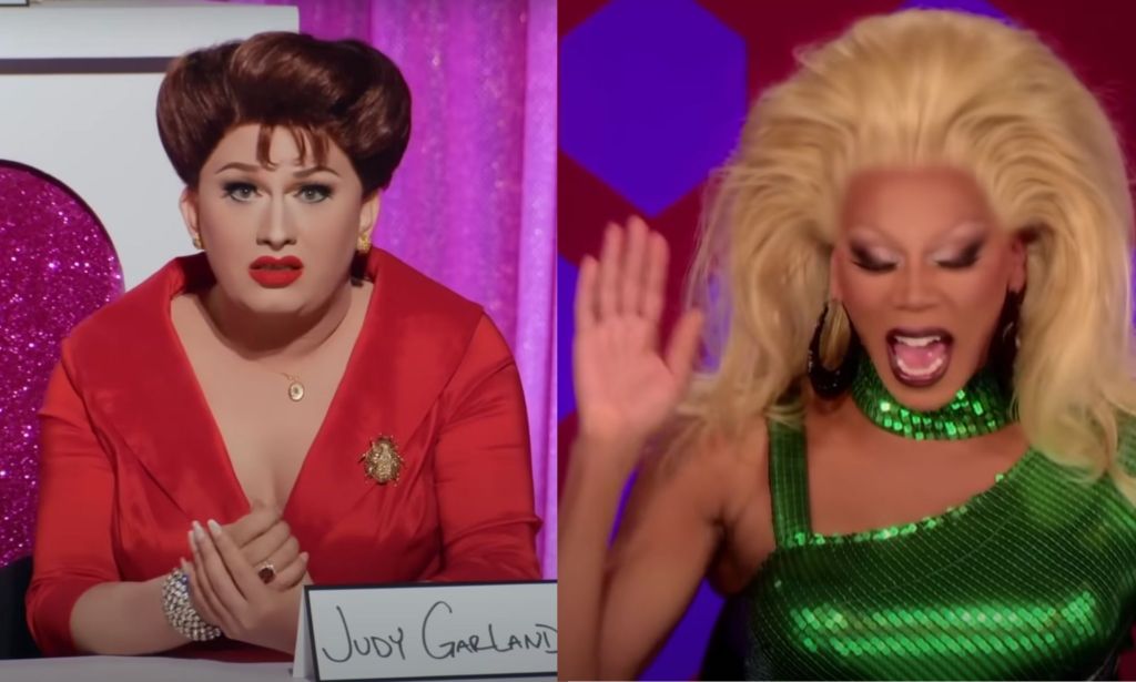 A screenshot from Drag Race shows drag queen Jinkx Monsoon's dressed as Judy Garland for her impression of the star on All Stars 7's snatch game, alongside a screenshot of RuPaul wearing a green dress laughing.
