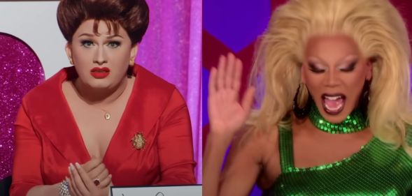 A screenshot from Drag Race shows drag queen Jinkx Monsoon's dressed as Judy Garland for her impression of the star on All Stars 7's snatch game, alongside a screenshot of RuPaul wearing a green dress laughing.