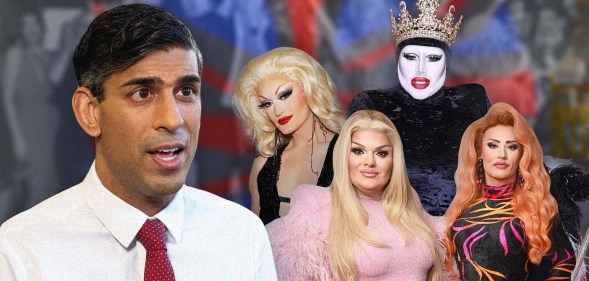 An image of UK prime minister Rishi Sunak alongside Drag Race stars Lady Camden, Danny Beard, Ella Vaday and Kitty Scott Claus