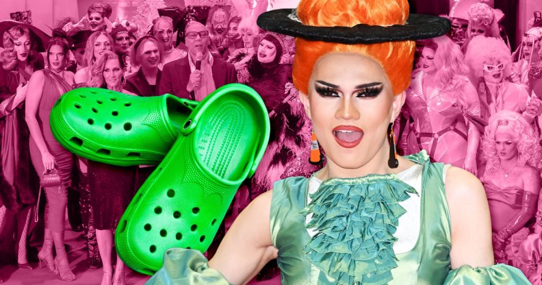 A composite image shows drag queen River Medway wearing a bight orange wig and turquoise dress with a pair of green Crocs placed next to her set against a pink-tinted background image of a crowd at the DragCon event