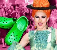 A composite image shows drag queen River Medway wearing a bight orange wig and turquoise dress with a pair of green Crocs placed next to her set against a pink-tinted background image of a crowd at the DragCon event