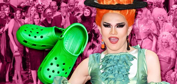 A composite image shows drag queen River Medway wearing a bight orange wig and turquoise dress with a pair of green Crocs placed next to her set against a pink-tinted background image of a crowd at the DragCon event