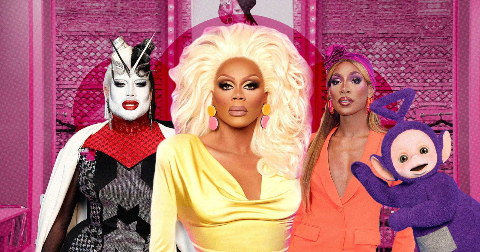 A graphic composite showing some of RuPaul's Drag Race contestants sat next to each other with one of the Teletubbies, Tinky-Winky, superimposed over the right-hand side of the image