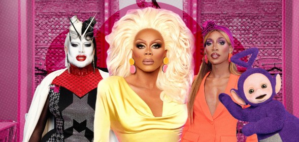 A graphic composite showing some of RuPaul's Drag Race contestants sat next to each other with one of the Teletubbies, Tinky-Winky, superimposed over the right-hand side of the image