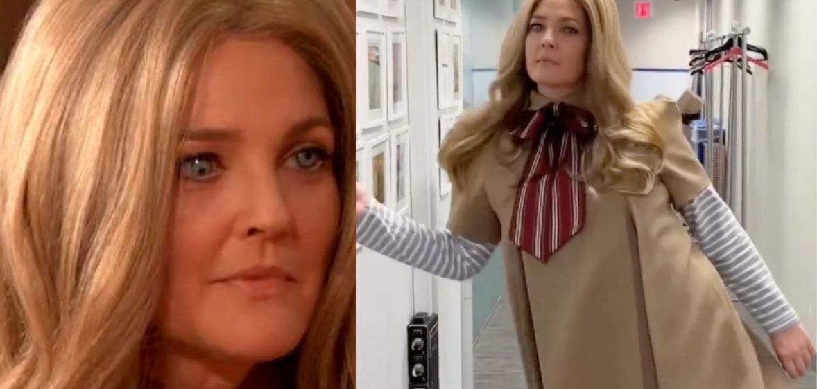 Screenshots from The Drew Barrymore Show depicting host Drew Barrymore dressed as killer doll M3GAN