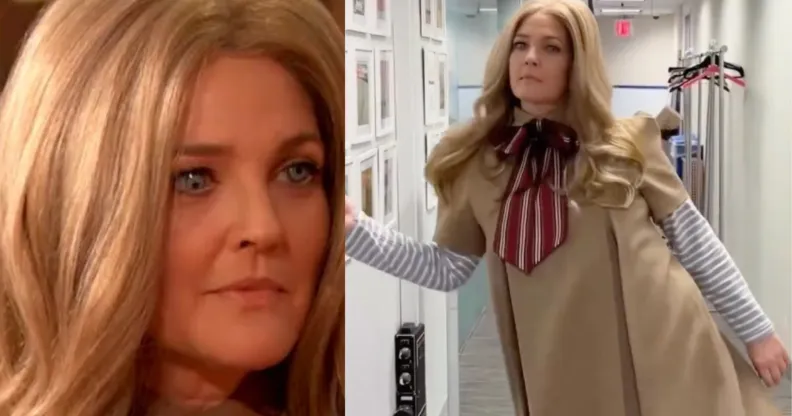 Screenshots from The Drew Barrymore Show depicting host Drew Barrymore dressed as killer doll M3GAN