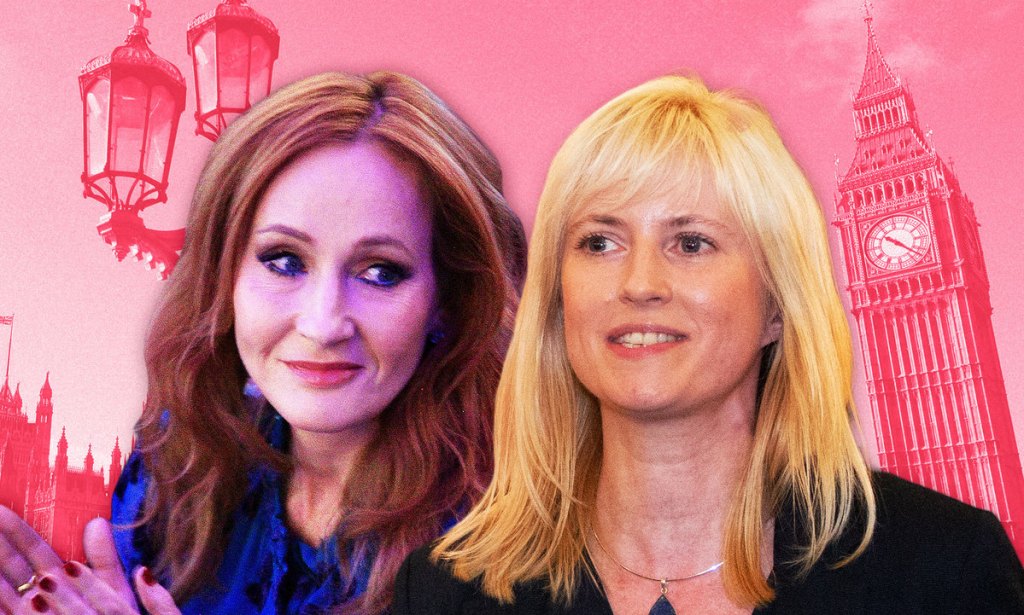 Anti-trans Harry Potter author JK Rowling side-by-side with Labour MP Rosie Duffield against a red backdrop with Westminster in the background