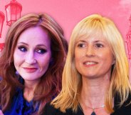 Anti-trans Harry Potter author JK Rowling side-by-side with Labour MP Rosie Duffield against a red backdrop with Westminster in the background