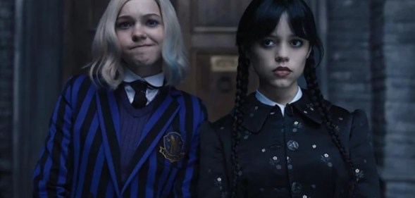 Emma Myers as Enid (L) and Jenna Ortega as Wednesday (R). (Netflix)