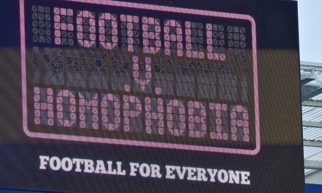 A football v homophobia sign at a Leicester match