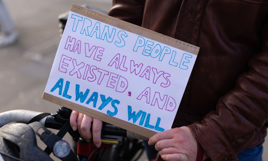 A person holds a sign saying "trans people have always existed, and always will."