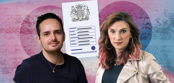 Collage of Harry Nicholas and Juno Dawson with a mocked-up Gender Recognition Certificate