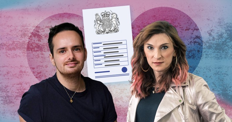 Collage of Harry Nicholas and Juno Dawson with a mocked-up Gender Recognition Certificate