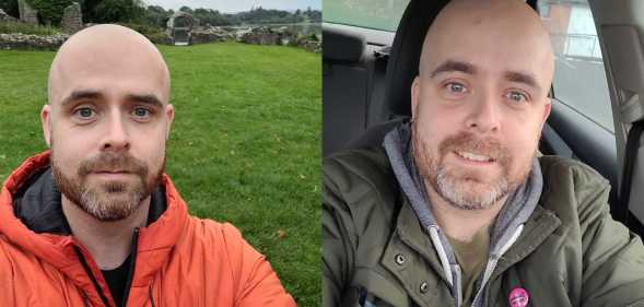 On the left, conversion therapy survivor Garry Adair-Gilliland is pictured outdoors wearing an orange coat. On the right he's pictured wearing a green coat sitting in his car with a badge visible on his jacket.