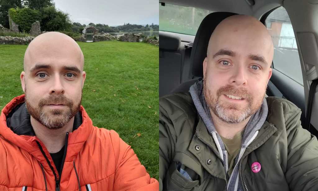 On the left, conversion therapy survivor Garry Adair-Gilliland is pictured outdoors wearing an orange coat. On the right he's pictured wearing a green coat sitting in his car with a badge visible on his jacket.