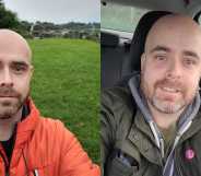 On the left, conversion therapy survivor Garry Adair-Gilliland is pictured outdoors wearing an orange coat. On the right he's pictured wearing a green coat sitting in his car with a badge visible on his jacket.