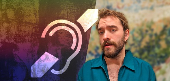 An edited image shows Hayden Ira May on the right wearing a teal shirt with the top few buttons open. He has sandy blonde hair and a cropped beard.