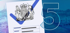 A graphic shows an official looking government form placed against a blue-tinted faded background. On the form is a blue tick with the number '5' placed to the right