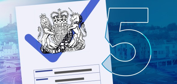 A graphic shows an official looking government form placed against a blue-tinted faded background. On the form is a blue tick with the number '5' placed to the right