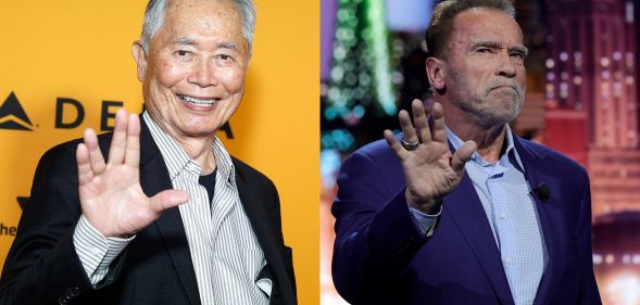 On the left, George Takei wearing a black suit and grey shirt, standing against a yellow background, doing the Star Trek Vulcan salute. On the right, Arnold Schwarzenegger in a blue suit and shirt, at the annual CES Trade Show, holding his hand out.
