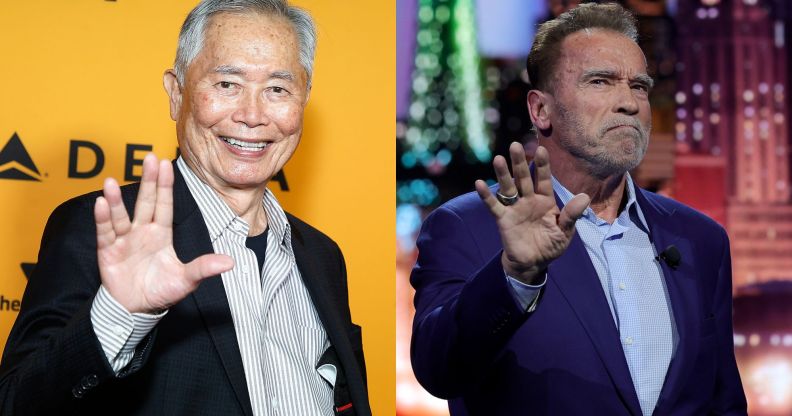 On the left, George Takei wearing a black suit and grey shirt, standing against a yellow background, doing the Star Trek Vulcan salute. On the right, Arnold Schwarzenegger in a blue suit and shirt, at the annual CES Trade Show, holding his hand out.