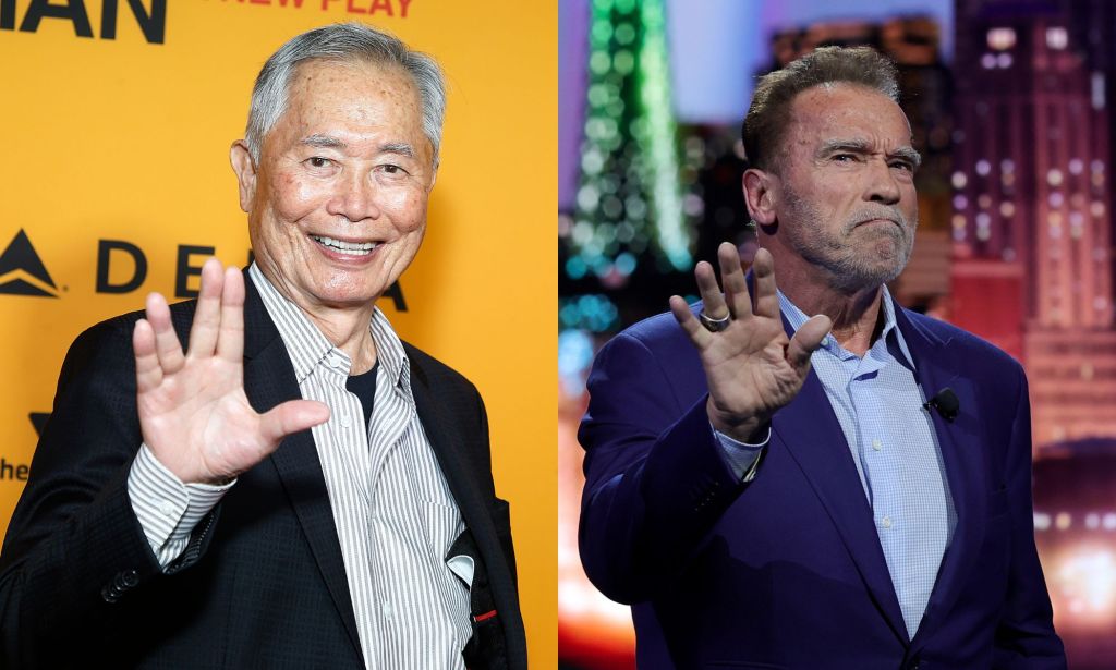 On the left, George Takei wearing a black suit and grey shirt, standing against a yellow background, doing the Star Trek Vulcan salute. On the right, Arnold Schwarzenegger in a blue suit and shirt, at the annual CES Trade Show, holding his hand out.