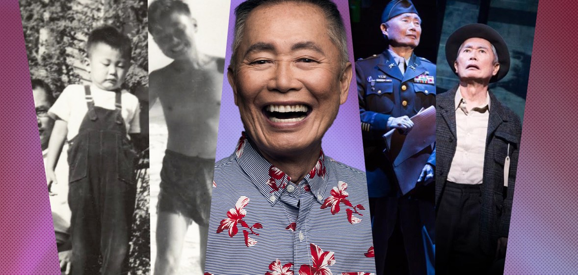 Collage of photos showing George Takei as a young man and today, including photos of him on stage in a military uniform