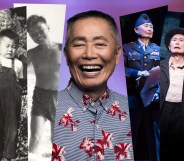 Collage of photos showing George Takei as a young man and today, including photos of him on stage in a military uniform