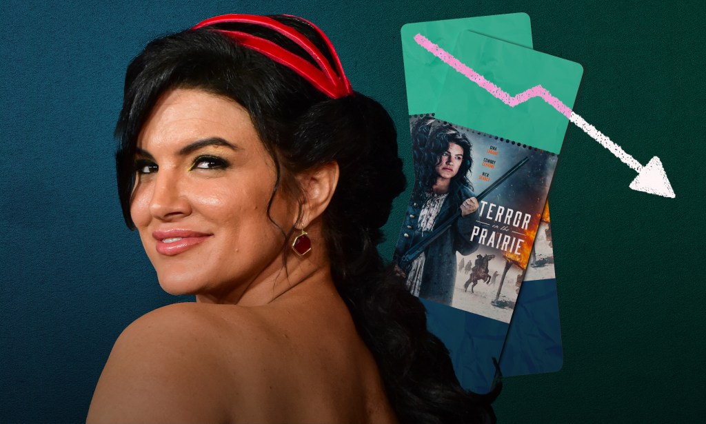A graphic shows a close-up image of actor Gina Carao smiling to the camera and in the background is a small poster of her new film Terror on the Prarie which has a pink arrow pointing downwards just above it