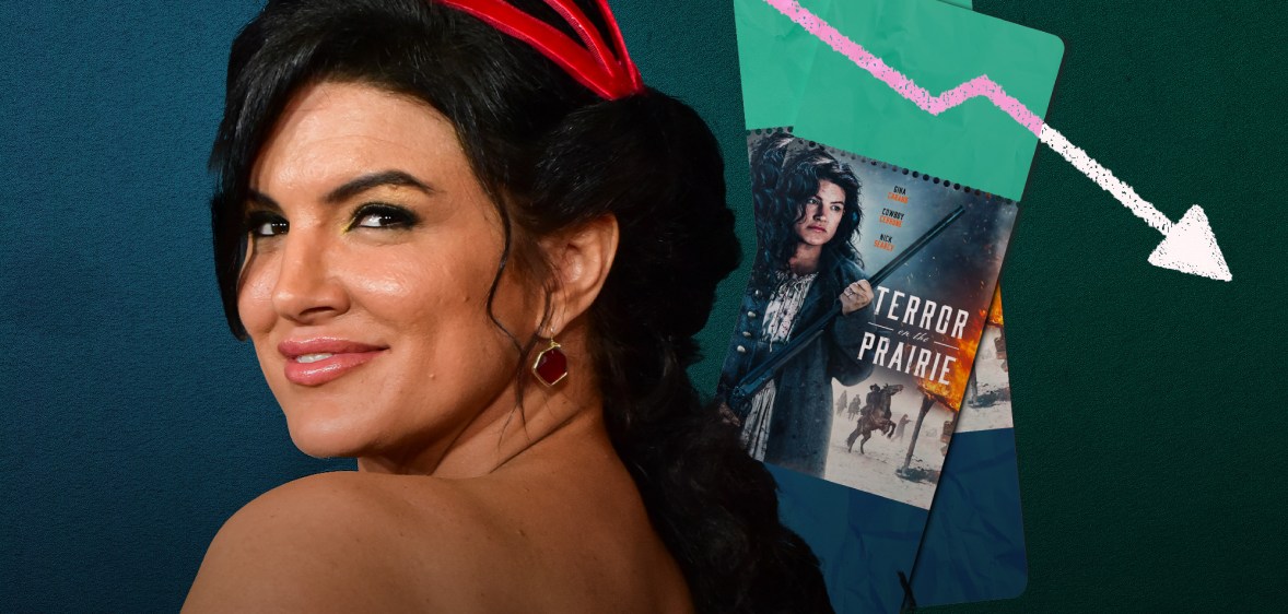 A graphic shows a close-up image of actor Gina Carao smiling to the camera and in the background is a small poster of her new film Terror on the Prarie which has a pink arrow pointing downwards just above it