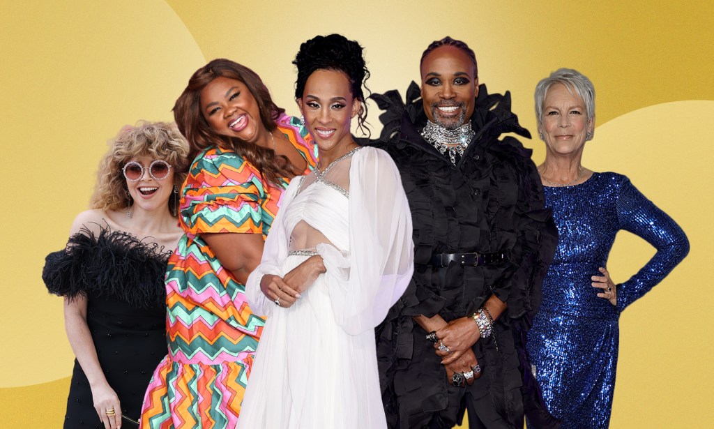 A graphic composite showing the Golden Globes 2023 presenters lineup - with Natasha Lyonne, Nicole Byer, Michaela Rodriguez, Billy Porter, Jamie Lee Curtis. All of the presenters are standing against a golden background