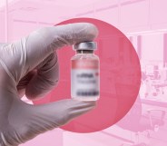 A stock image of a vaccine against a pink background