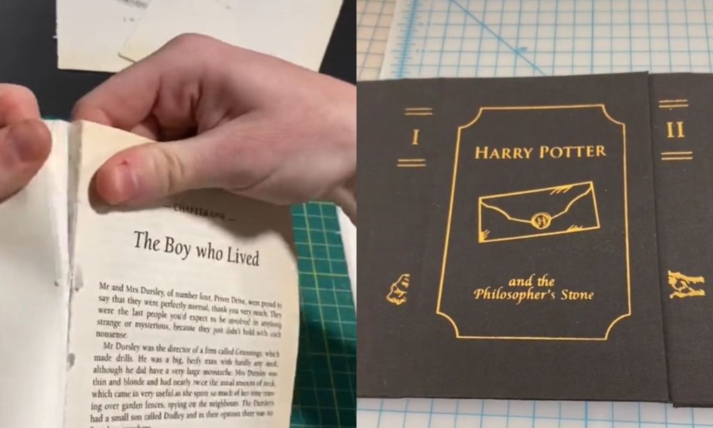 A split image of Laur Flom tearing into a Harry Potter book and the new cover art on display.