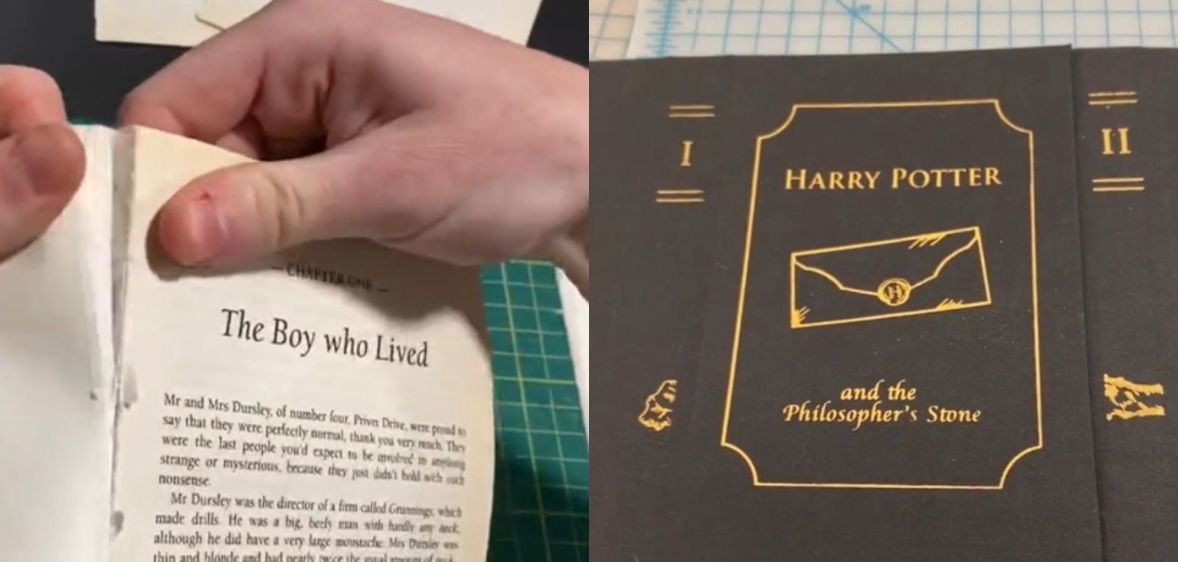 A split image of Laur Flom tearing into a Harry Potter book and the new cover art on display.
