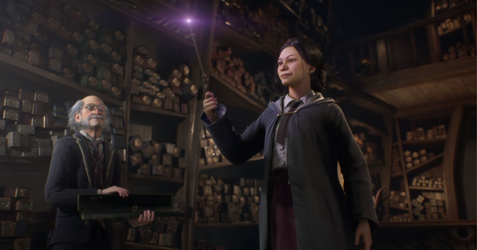 A student raises a wand in a Hogwarts wand shop.