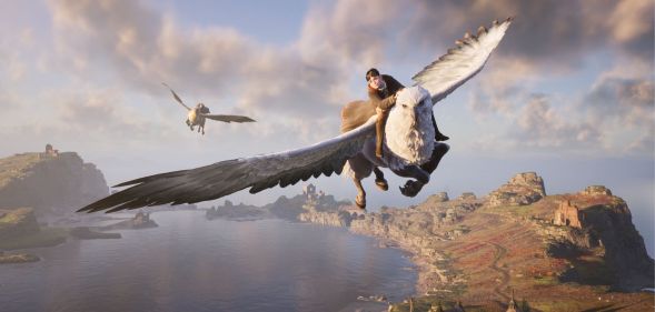 A screenshot of a Hogwarts student flying on a mystical creature in Hogwarts Legacy.