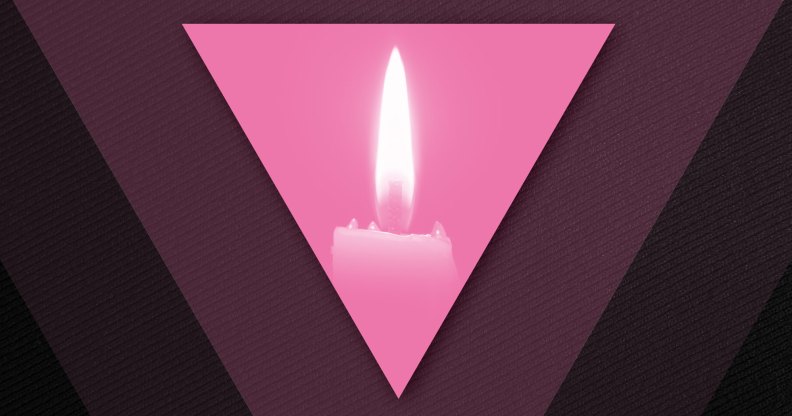An illustration of a pink triangle with a candle lit