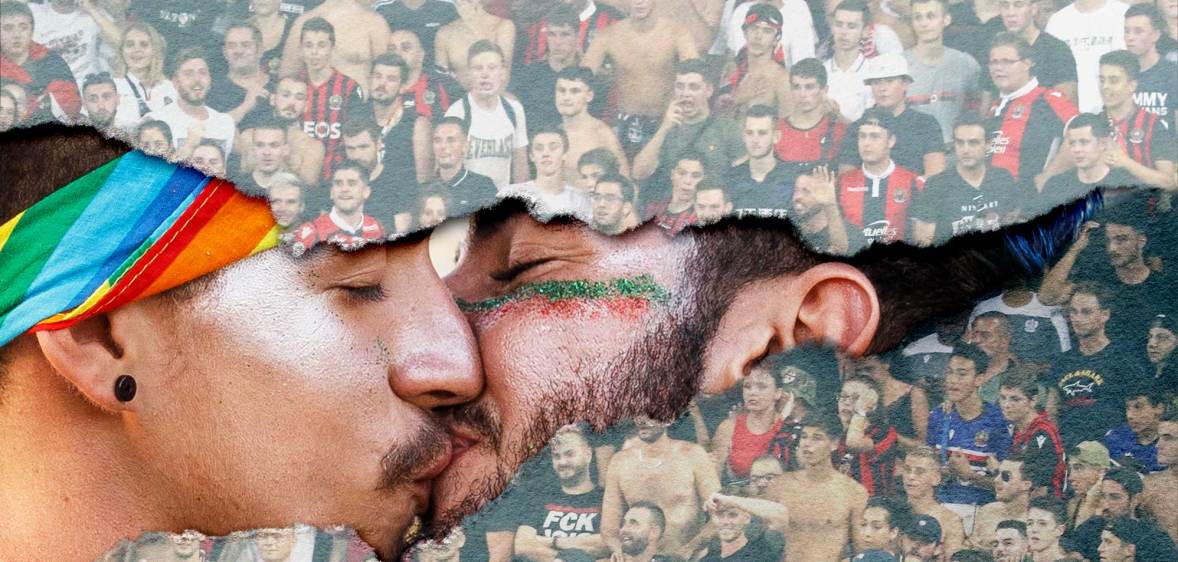 Two men kissing in front of a scene of football fans