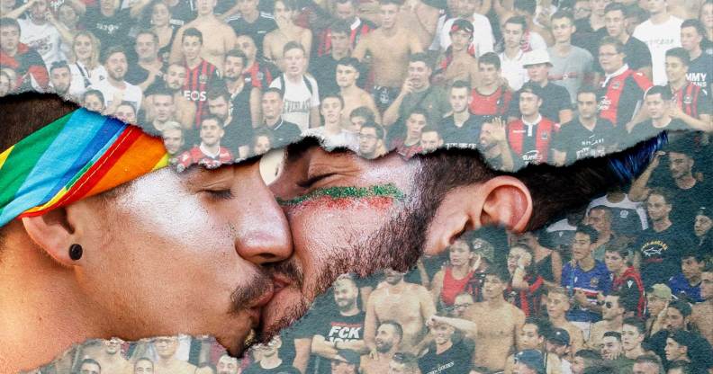 Two men kissing in front of a scene of football fans