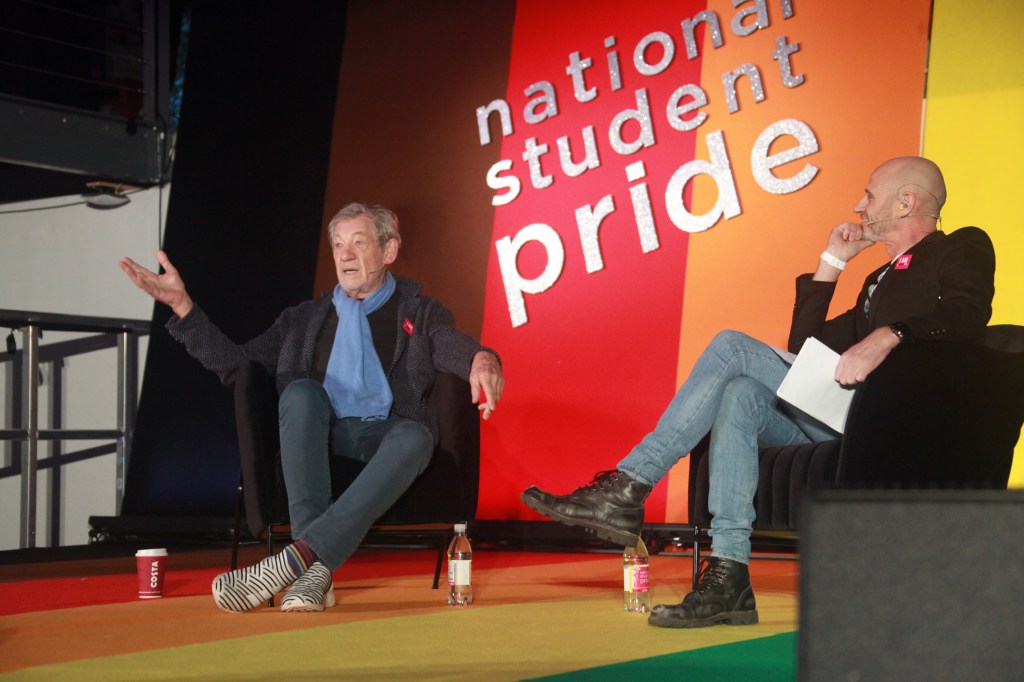 Sir Ian McKellen (left) speaks to Evan Davis at National Student Pride