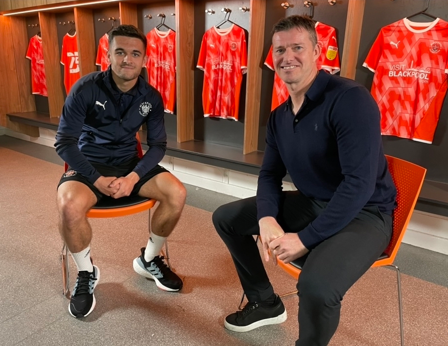 Jake Daniels (left) with Sky Sports' Tim Thornton at Blackpool FC on the day of his coming out interview