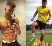 On the left, footballer and gay sports advocate Jake Williamson is pictured shirtless taking a selfie in a mirror. On the right, he's pictured playing football.