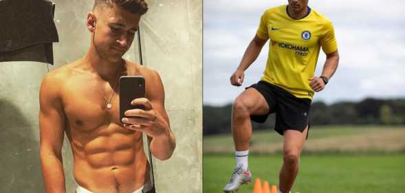 On the left, footballer and gay sports advocate Jake Williamson is pictured shirtless taking a selfie in a mirror. On the right, he's pictured playing football.