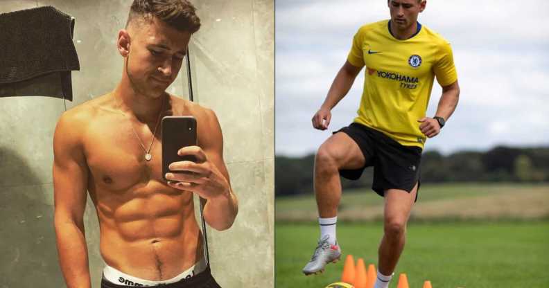 On the left, footballer and gay sports advocate Jake Williamson is pictured shirtless taking a selfie in a mirror. On the right, he's pictured playing football.