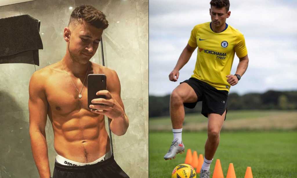 On the left, footballer and gay sports advocate Jake Williamson is pictured shirtless taking a selfie in a mirror. On the right, he's pictured playing football.