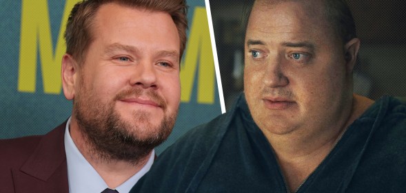 James Corden and Brendan Fraser wearing a fat suit