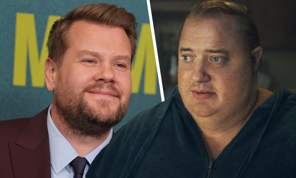 James Corden and Brendan Fraser wearing a fat suit