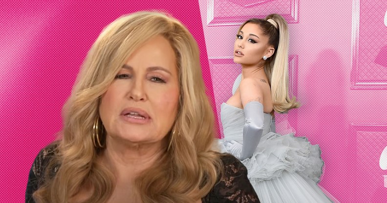 A graphic showing on the left actor Jennifer Coolidge wearing a black dress against a pink background and on the right is pop singer Ariana Grande dressed in a white wedding-style dress set against a pink-tinted background